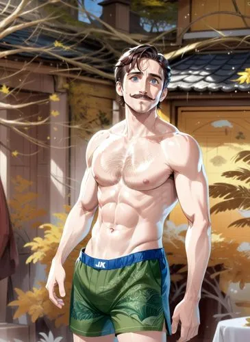 shirtless,boxer shorts, jake Gyllenhaal , anime, mustache smile,a shirtless man with  standing next to a building,jigoro,fundoshi,baras,majima,onsen,gachi,Anime,Anime,General