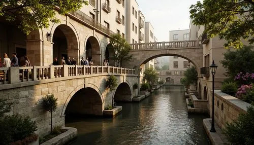 Ancient stone bridges, ornate balustrades, rustic arches, weathered stonework, moss-covered piers, gentle water flow, serene riverbanks, lush greenery, vibrant flowers, historic cityscape, warm golden