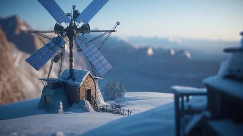 Solar panels on distant ice planet, alien village surrounding the generator,a windmill in the middle of a snowy hill,icewind,dawnstar,ullr,cryengine,besiege,steep,skyrim,rendalen,cinematics,alpine cro