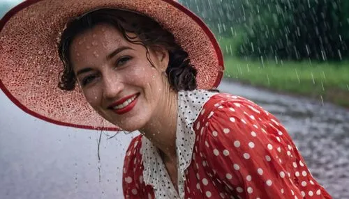 A vintage photo of a woman in a long dress and a wide-brimmed hat splashes in a puddle after a summer rain shower, a playful grin on her face. Wear red polka long dress,in the rain,red rose in rain,wa