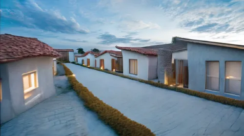 Un leve movimiento que muestre que muestre arquitectonicamente la fachada ,a bunch of houses that are sitting next to each other,3d rendering,duplexes,render,vivienda,passivhaus,townhomes