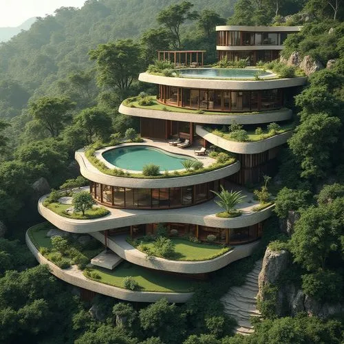 Has desarrollado un concepto impresionante para una villa residencial que se integra de manera orgánica con el entorno tropical y el terreno natural. Aquí te presento cómo se combinarían todos los ele