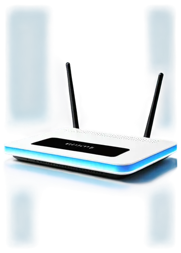 wifi router, sleek design, white body, blue lights, glowing wifi signal, modern interior background, shallow depth of field, high contrast, 3/4 composition, straight angle, realistic rendering, detail