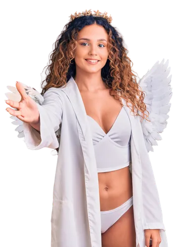 Angels, plural, standing, wings open, feathered, soft glowing halo, gentle smile, kind eyes, rosy cheeks, long curly hair, white robes, golden accents, delicate fingers, subtle wind blowing, soft focu