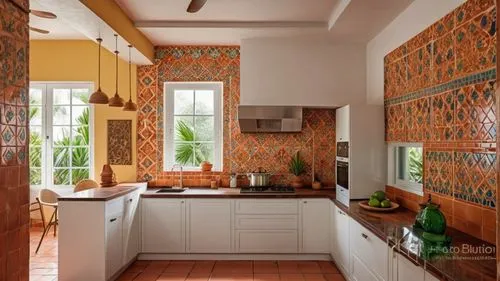 Modern indian Interior Design, kitchen, vibrant Mexican textiles, rustic terracotta tiles, lush indoor agave
,tile kitchen,spanish tile,moroccan pattern,vintage kitchen,terracotta tiles,almond tiles,k