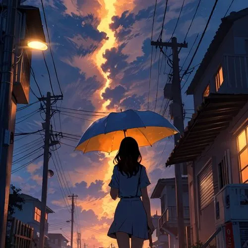 cloudstreet,summer umbrella,walking in the rain,rainy,umbrella,umbrellas,golden rain,after rain,after the rain,ghibli,yellow sky,studio ghibli,rainy season,rainfall,atmosphere,nouaimi,evening atmosphere,hikari,my neighbor totoro,sidestreet