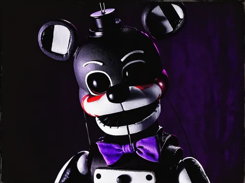 puppet character, Five Nights at Freddy's, black and white, striped, red cheeks, purple tears, thin body, marionette, control cross, spooky, close-up, dark background, eerie atmosphere, ambient lighti