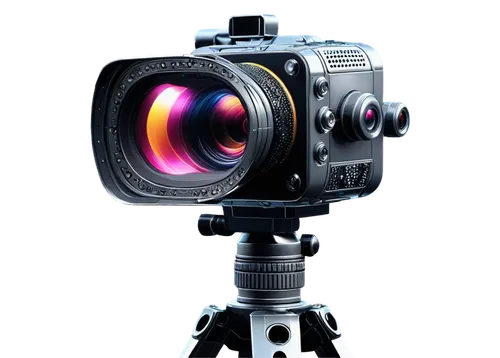 3D camera, futuristic design, metallic body, lens with intricate details, buttons and screens on top, adjustable tripod, low-angle shot, close-up of lens, shallow depth of field, high-tech atmosphere,