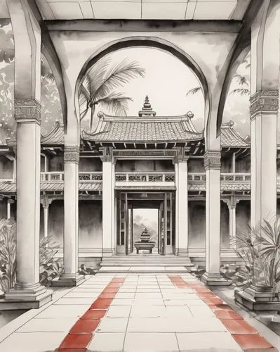 white temple,asian architecture,hall of supreme harmony,backgrounds,artemis temple,qibao,dojo,ancient city,marble palace,buddhist temple,teahouse,victory gate,water palace,qingcheng,background design,ancient buildings,sanctum,temples,art deco background,oriental painting,Illustration,Paper based,Paper Based 30