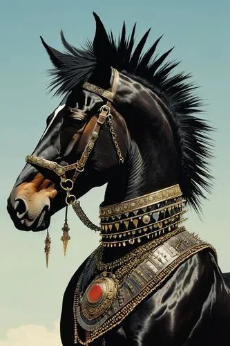 A black punk horse with a mohawk, wearing a spiked necklace.,hussar,friesian,black horse,lusitanos,bellerophon,andalusian,cheval,arabian horse,nazari,andalusians,cavallero,samarrai,lusitano,bucephalus