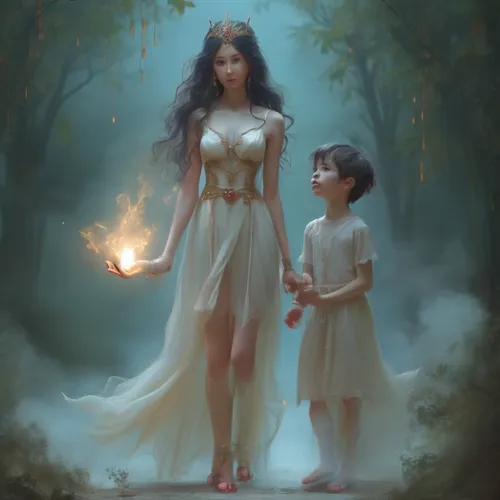 little girl and mother,fantasy picture,heatherley,girl and boy outdoor,little boy and girl,mystical portrait of a girl