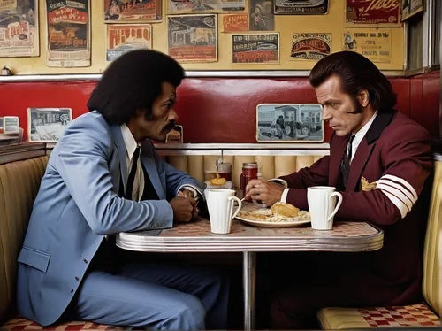 Write a conversation between Vincent Vega and Jules Winnfield at a diner.,retro diner,brown sauce,business icons,60s,diner,70s,coffee break,business meeting,70's icon,the coffee shop,hound dogs,oddcou