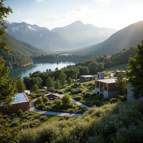 Sweeping mountain ranges, lush green forests, serene lakeshores, meandering walking trails, rustic wooden bridges, modern eco-lodges, cantilevered rooflines, floor-to-ceiling glass walls, natural ston