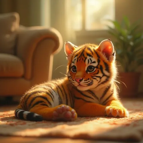 A hyper-realistic portrayal of a small, super cute, fat tiger cub lounging comfortably in a warm sunbeam. The cub is delightfully plump, with fluffy fur that is a vibrant orange adorned with distinct 