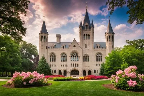 Indiana University Bloomington campus, beautiful Gothic Revival architecture, Sample Gates, iconic limestone buildings, intricate stone carvings, stained glass windows, sprawling green lawns, blooming