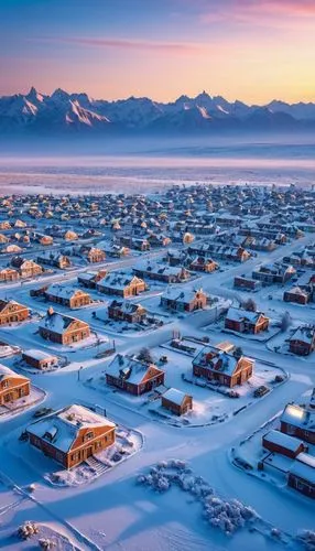 A city from the 1950s in a frozen desert context.,tsagaan,tiksi,kotzebue,hulunbuir,erdene,inner mongolian beauty,kaktovik,mongolia eastern,arviat,anchorage,barentsburg,anadyr,chukchi,matanuska,nuussua