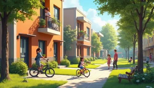 Residential community, suburban area, modern architecture, row of houses, colorful facades, balconies with flower pots, bicycles parked outside, children playing in the yard, mothers watching from win