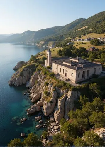 Ancient Persian Castle on the mountain besides the coast,an old castle sits on a rock island with clear water,dubrovnic,dalmatia,corsica,lastovo,dubrovnik city,corse