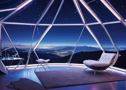 Futuristic tent, geometric shape, metallic structure, transparent fabric, silver poles, neon lights, glowing accents, minimalist interior, sleek furniture, modern appliances, luxurious carpet, spaciou