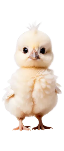 Young chick, white feathers, tiny beak, big round eyes, fluffy wings, little legs, standing pose, solo, warm lighting, soft focus, pastel color tone, shallow depth of field, 3/4 composition, PNG trans