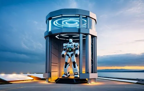 거대로봇격납고, 20미터높이, 야외배경,electric tower,futuristic art museum,automated teller machine,robot icon,charge point,random access memory,observation tower,droid,solar cell base,revolving light,space needle,th