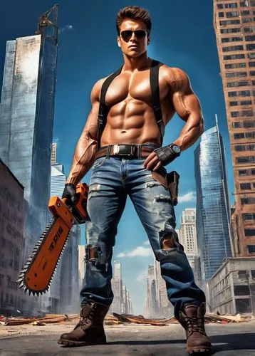 muscular man, Makima, standing, confident posture, rugged facial expression, sharp jawline, messy brown hair, intense gaze, sunglasses, torn denim jeans, black leather belt, heavy metal boots, chainsa