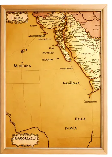 Old, worn, yellowed map, Middle East and India region, faded borders, creased folds, torn edges, decorative frame, wooden texture, vintage style, warm lighting, shallow depth of field, 3/4 composition