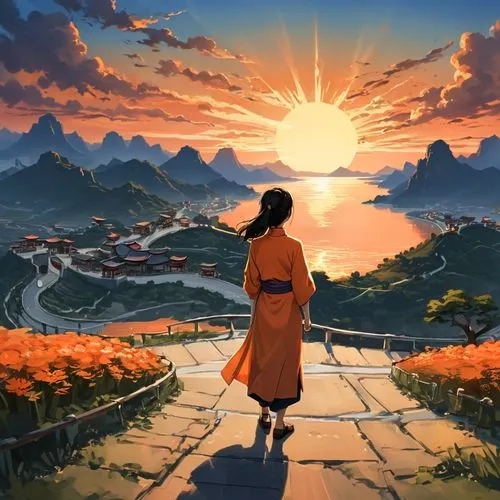 shenmue,korra,landscape background,the mystical path,longmei,zhuangzi,world digital painting,journey,mountain sunrise,orange robes,buddhists monks,shennong,katara,tenzin,pathway,champloo,thatgamecompany,azula,laozi,auron,Unique,Design,Character Design