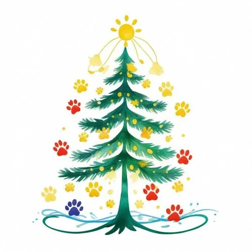 a christmas tree with paws and bells,christmas tree pattern,christmas motif,wreath vector,watercolor christmas pattern,christmas snowflake banner,fir tree decorations