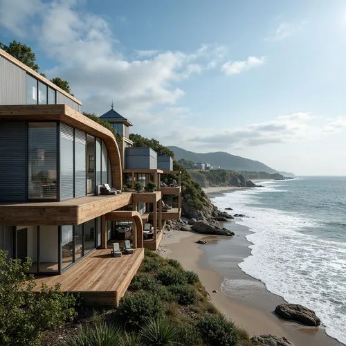 Wave-crashing coastline, salty sea air, modern coastal homes, large windows, sliding glass doors, wooden decks, ocean-inspired color palette, weathered wood accents, corrugated metal cladding, sleek m