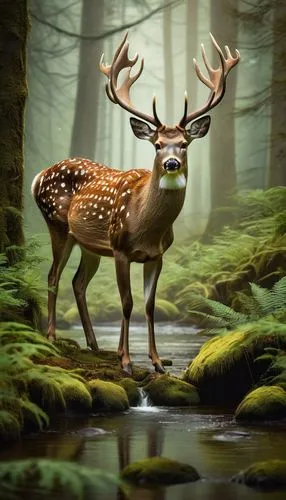 Majestic ai deer, standing, forest, morning dew, gentle eyes, brown fur, white spots, delicate legs, slender body, beautiful antlers, soft lighting, misty atmosphere, surrounded by tall trees, vibrant