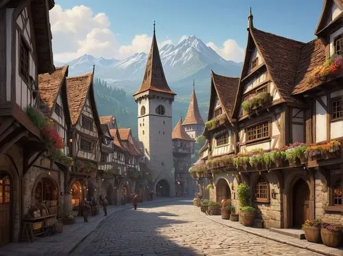 alpine village,medieval street,medieval town,oberland,riftwar,highstein,townscapes,thun,erebor,mountain village,zakopane,knight village,hallstatt,schwaz,half-timbered houses,aravis,escher village,mountain settlement,zermatt,grindelwald,Conceptual Art,Oil color,Oil Color 08