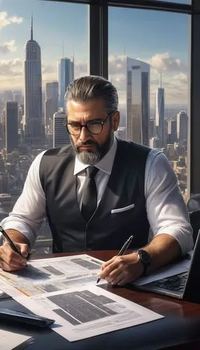 Modern technical architect, mature businessman, 40s, glasses, short hair, beard, white shirt, black tie, formal suit, sitting, office desk, laptop, papers, pens, diagrams, skyscraper city view, bright