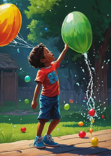 Write a prompt about a fun outdoor game involving water balloons.,water balloons,inflates soap bubbles,colorful balloons,water balloon,little girl with balloons,balloon,red balloon,kids illustration,b