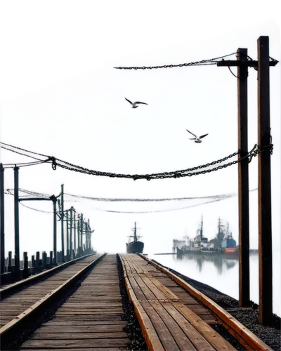 dock yard, industrial background, steel beams, rusty chains, old wooden planks, worn-out ropes, seagulls flying overhead, morning mist, soft sunlight, 3/4 composition, shallow depth of field, warm col