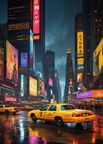 New York City, modern skyscraper, sleek glass façade, intricate steel structure, angular rooftop, vibrant neon lights, bustling streets, pedestrians in motion, yellow cabs driving by, giant billboards