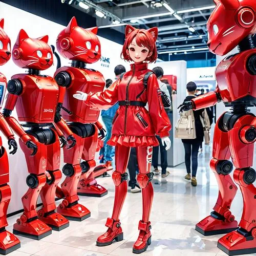 anthropomorphic female cat red mannequin, robot made of red plastic, plastic exterior, plastic head, plastic face, plastic body, plastic mechanisms, plastic gears, friendly, smiling happily, approvach