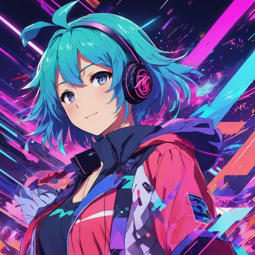 hatsune miku,miku,aqua,vocaloid,wiz,colorful background,headphone,vivid,music background,portrait background,cyber,listening to music,magna,vector art,cyan,vector girl,would a background,ganai,music,midi,Illustration,Japanese style,Japanese Style 03