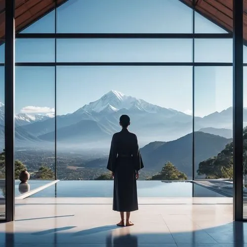 the person is in front of a glass house with mountains behind, in the style of rendered in cinema4d, oriental minimalism, atmospheric paintings, i can't believe how beautiful this is, architectural sc