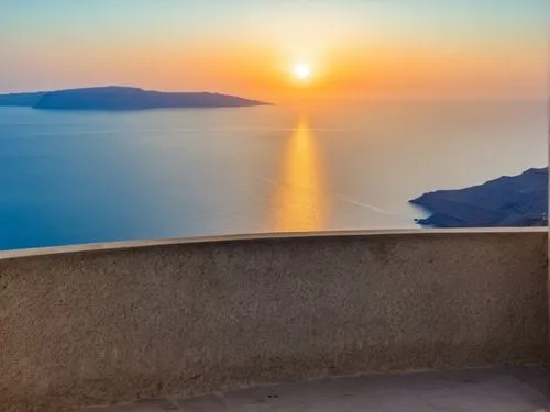 santorini sunset,the sun is setting over water from an overlook,greek island,greek islands,greece,santorini,thira,aegean sea,Illustration,Realistic Fantasy,Realistic Fantasy 25