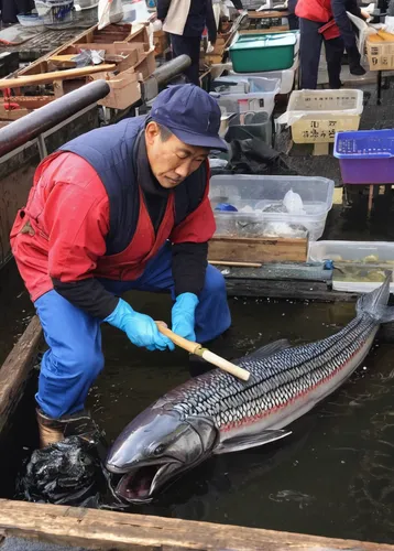 Cleaning up some sea creature at Tsukiji Fish Market, Tokyo.,pacific saury,chinese sturgeon,fish-surgeon,forage fish,steckerlfisch,conger eel,trainer with dolphin,sturgeon,mackerel,capelin,albacore fi