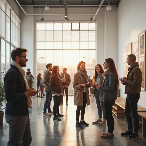 Modern art gallery, natural light pouring through large windows, sleek white walls, polished concrete floor, contemporary artwork on display, visitors interacting with exhibits, smiling faces, casual 