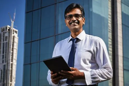 Middle-aged male architect, Chennai, India, standing in front of a modern skyscraper, hands behind back, confident smile, rectangular glasses, short black hair, formal wear, white shirt, dark blue tro