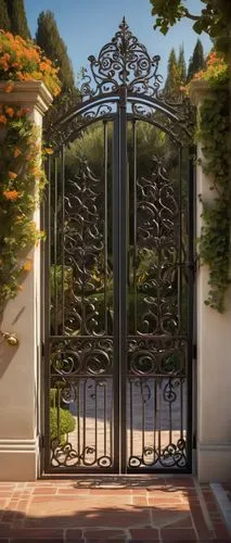 Modern ornate architectural fence, intricate metalwork, curled iron bars, golden gate handles, majestic entrance, luxurious villa, Mediterranean style, sun-kissed courtyard, lush greenery, blooming fl