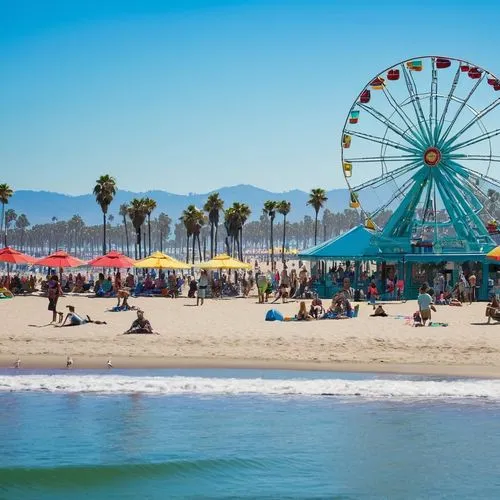 Southern California, sunny day, blue sky with few white clouds, palm trees swaying gently, warm sandy beach, crystal-clear turquoise water, surfers riding waves, Venice Beach boardwalk, colorful beach