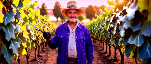 vineyard, old man, farmer, rustic clothes, straw hat, bushy eyebrows, wrinkled face, holding pruning shears, standing among grapevines, afternoon sun, warm lighting, shallow depth of field, cinematic 