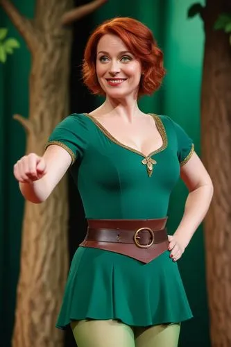 (masterpiece), best quality, expressive eyes, perfect face, 37 year old actress, red hair cut short, playing 'Robin Hood' on the stage, adult pantomime,dark green tunic, green leotard, light green pan