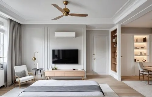 A French plasterboard ceiling and ceiling fan
There is a TV and cabinet on the wall
a balcony with a view,a tv stands on a wood table in the middle of the room,danish room,anastassiades,danish furnitu