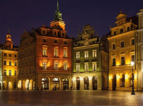 Buildings in Plac Zamkowy or Castle Square at night, Old Town, Warsaw, Poland, Europe,wroclaw,krakow,czech budejovice,warsaw,poznan,gdańsk,dresden,riga,prague,lublin,łódź,czechia,brno,poland,vilnius,s