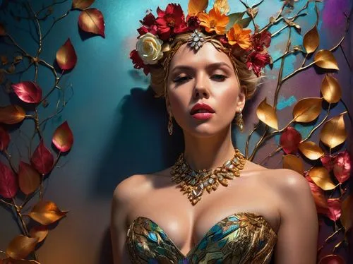 girl in a wreath,physalis,jewelry florets,still physalis life,adornments,art deco wreaths,jeweled,queen cage,quince decorative,golden wreath,fairy queen,art deco woman,gold jewelry,headdress,aphrodite,decorative figure,embellished,bridal jewelry,pearl necklace,wreath of flowers,Photography,Artistic Photography,Artistic Photography 08